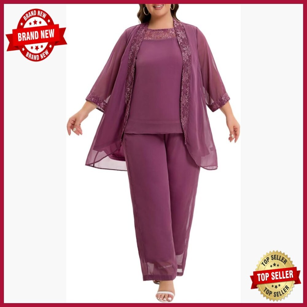 Plus Size Mother of Bride Pant Suit 3 Piece Chiffon Lace Evening Set